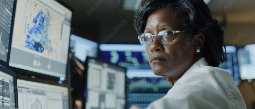 A focused scientist studies data on multiple screens in a dimly lit lab, surrounded by advanced technology. A focused scientist studies data on multiple screens in a dimly lit lab, surrounded by advanced technology.