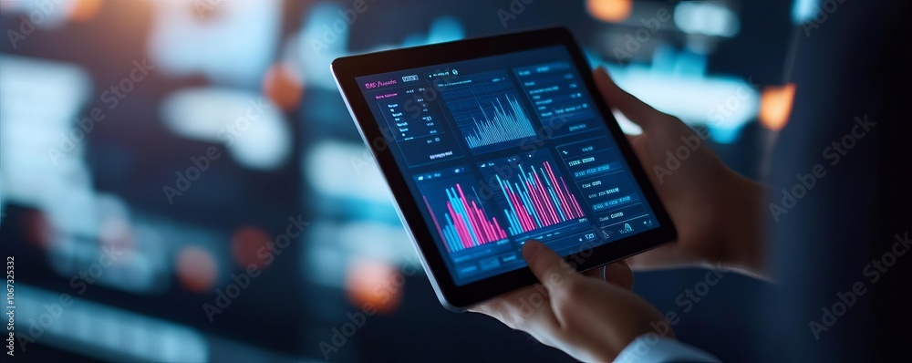 Hands holding tablet with supply chain software, real-time inventory data, seamless logistics Hands holding tablet with supply chain software, real-time inventory data, seamless logistics
