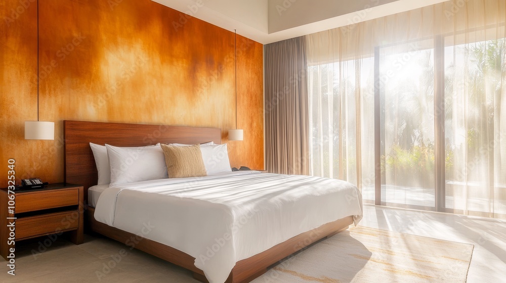 Elegant hotel suite featuring a balanced feng shui design, serene ambiance, modern architecture, inviting atmosphere