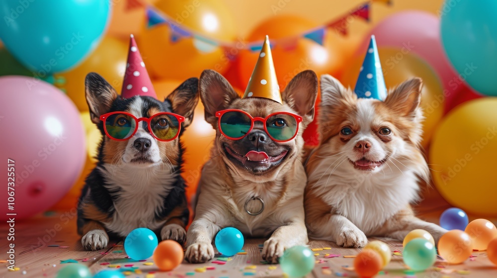 Joyful Friendship Day Celebration with Adorable Dogs in Party Hats and Sunglasses Surrounded by Colorful Balloons and Confetti Joyful Friendship Day Celebration with Adorable Dogs in Party Hats and Sunglasses Surrounded by Colorful Balloons and Confetti