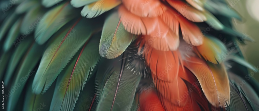 Fototapeta premium Vivid feathers in a close-up display a palette of bright colors, layered like a masterpiece—a work of art in nature's gallery, illustrating elegance and beauty.
