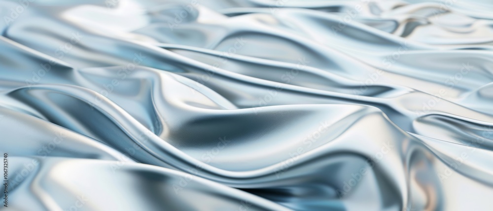Smooth, metallic waves in an abstract composition create a reflective, fluidic interplay of light and curves, reminiscent of liquid silver. Smooth, metallic waves in an abstract composition create a reflective, fluidic interplay of light and curves, reminiscent of liquid silver.
