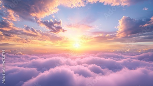 Sunset over clouds creating a serene and colorful atmosphere.