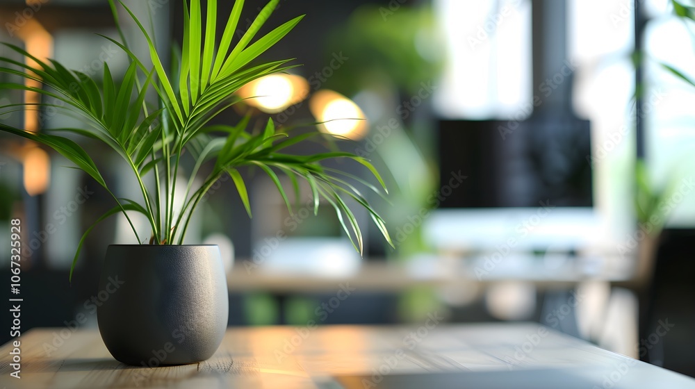 Modern Office with Green Plants in Background