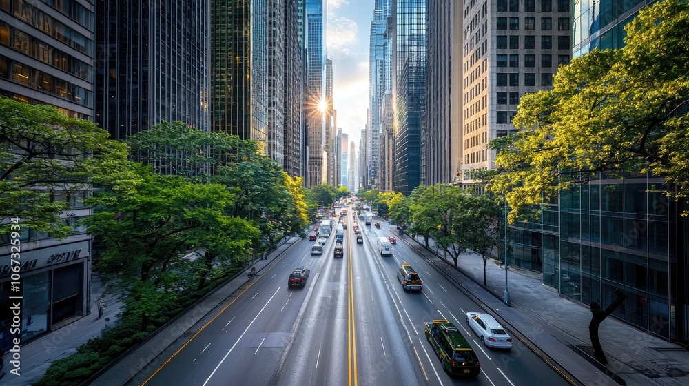 City skyline with modern buildings and busy road during sunset. City skyline with modern buildings and busy road during sunset.
