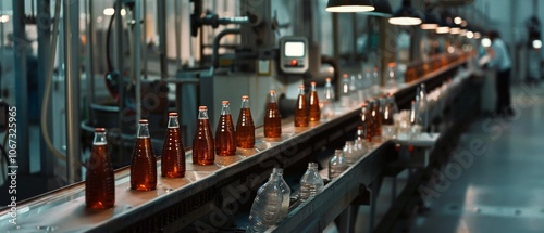 Bottling plant with rows of amber bottles on a production line, ready for labeling and distribution under diffused artificial lighting.