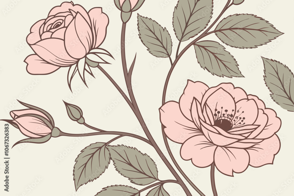 Floral pattern of roses and peonies with leaves in vintage style Floral pattern of roses and peonies with leaves in vintage style