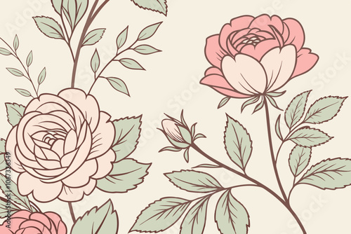 Floral pattern of roses and peonies with leaves in vintage style