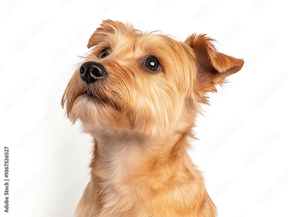 charming terrier dog with golden coat, looking curiously upwards on white background, showcasing its expressive eyes and playful demeanor. This captures essence of beloved pet charming terrier dog with golden coat, looking curiously upwards on white background, showcasing its expressive eyes and playful demeanor. This captures essence of beloved pet