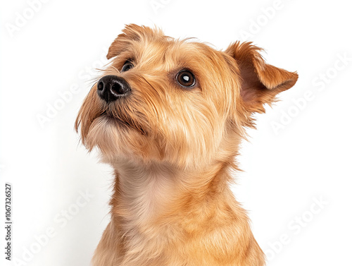 charming terrier dog with golden coat, looking curiously upwards on white background, showcasing its expressive eyes and playful demeanor. This captures essence of beloved pet