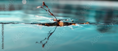 A delicate branch emerges from a pristine ice surface, casting a reflective shadow on the turquoise hues. photo