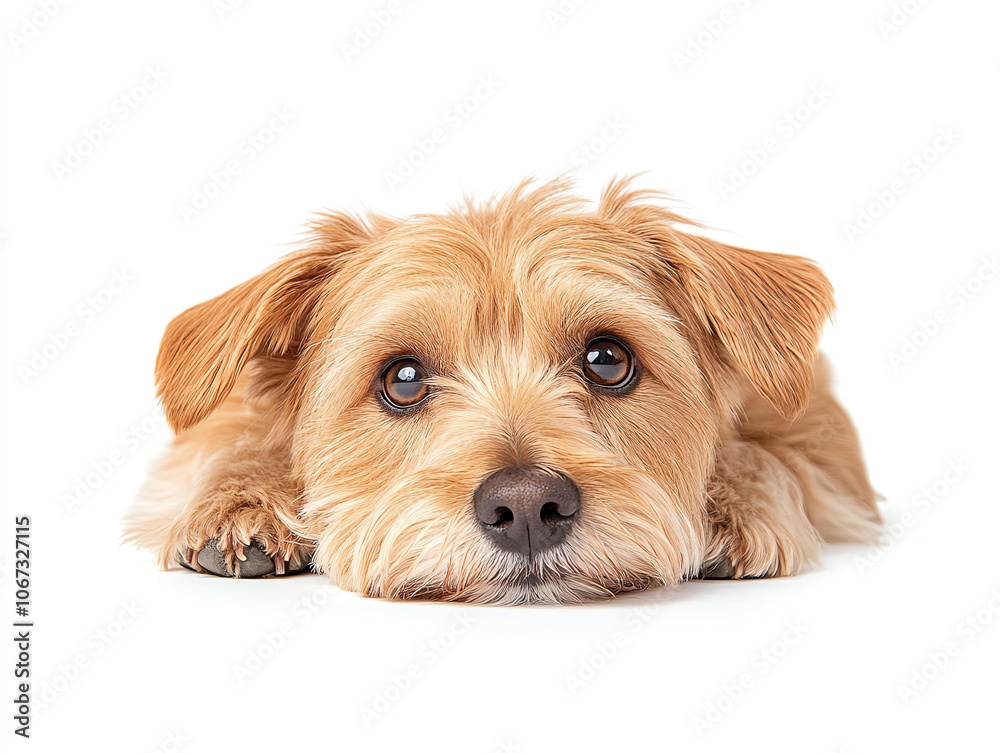 Adorable Welsh Terrier dog with expressive eyes resting on white background, showcasing its fluffy fur and gentle demeanor Adorable Welsh Terrier dog with expressive eyes resting on white background, showcasing its fluffy fur and gentle demeanor
