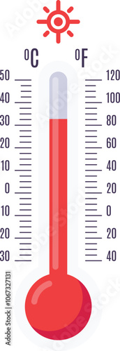 Red thermometer is indicating hot temperature in both celsius and fahrenheit scales with a bright sun shining above, symbolizing extreme heat and summer weather