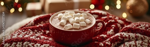 Hot chocolate with marshmallows in a cozy Christmas holiday setting