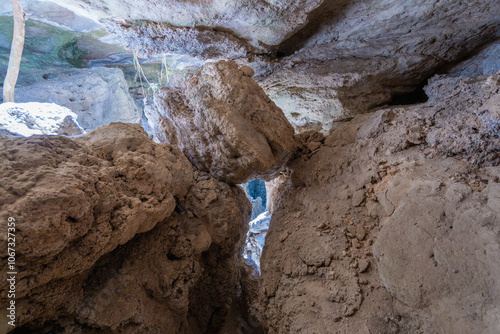 Tourists navigate through narrow limestone caves with a deep ravine underfoot. The karst formations and tree roots create a unique landscape. Bemaraha National Park, Madagascar. photo