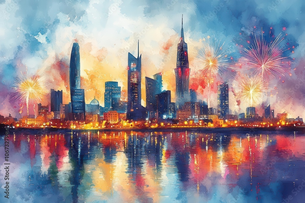 Fototapeta premium saudi national day poster illustration using vibrant watercolor style depicting modern buildings and celebratory fireworks highlighting cultural pride and unity
