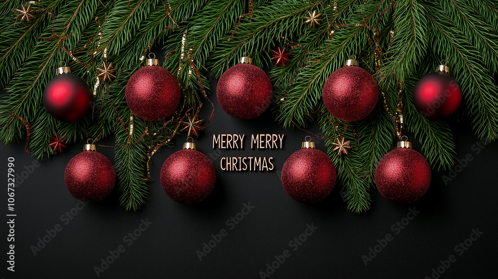 Red and gold Christmas baubles hang on lush green pine branches with festive Merry Merry Christmas message, creating joyful holiday atmosphere Red and gold Christmas baubles hang on lush green pine branches with festive Merry Merry Christmas message, creating joyful holiday atmosphere