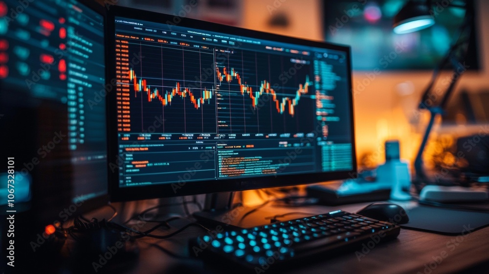 Financial trading charts on a computer screen in a dimly lit room Financial trading charts on a computer screen in a dimly lit room