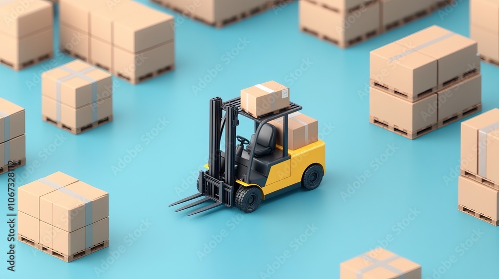 A miniature forklift moves boxes on a vibrant blue surface, surrounded by organized stacks of cardboard packages. A miniature forklift moves boxes on a vibrant blue surface, surrounded by organized stacks of cardboard packages.