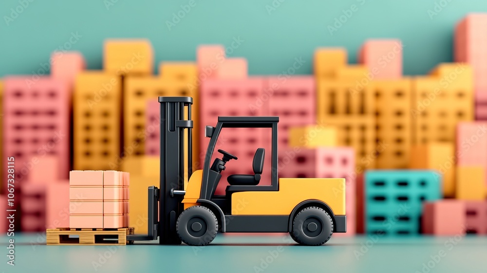 Naklejka premium A miniature forklift loads pallets beside colorful building blocks, representing an urban landscape, with a vibrant, playful aesthetic.