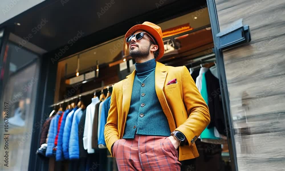 Stylish man in vibrant attire posing on city street. Stylish man in vibrant attire posing on city street.