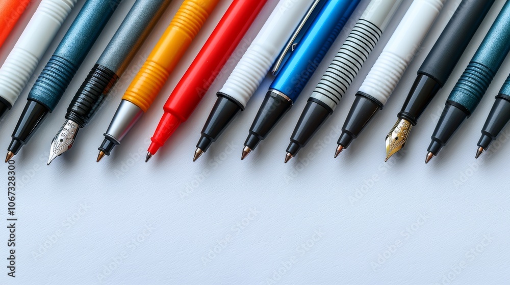 Business Frame on White Background with Assorted Pens and Pencils for Office and School Supplies