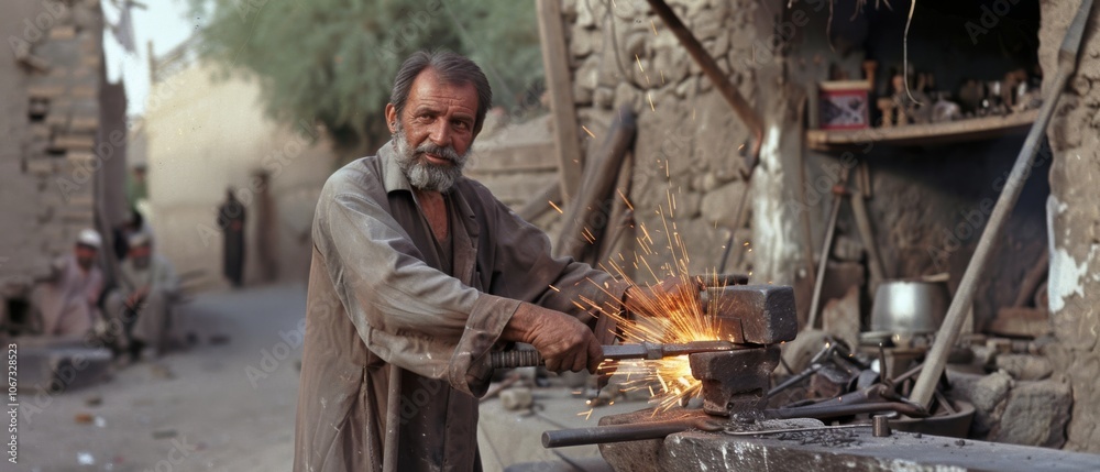 A determined blacksmith works at his forge, sparks flying as he shapes metal, with fellow workers visible in the background of a rustic setting. A determined blacksmith works at his forge, sparks flying as he shapes metal, with fellow workers visible in the background of a rustic setting.
