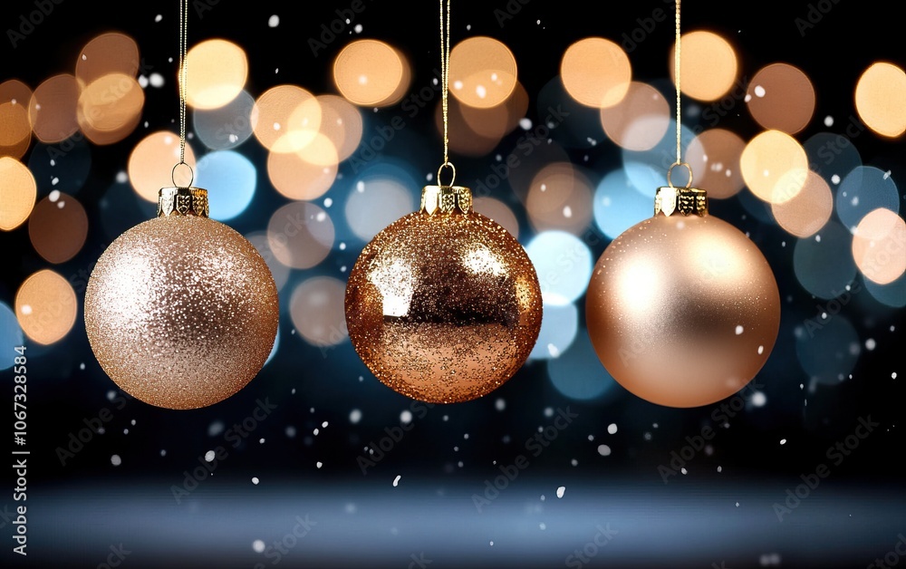 Three shimmering Christmas ornaments hang against a blurred background of soft, glowing lights, evoking a festive holiday atmosphere. Three shimmering Christmas ornaments hang against a blurred background of soft, glowing lights, evoking a festive holiday atmosphere.