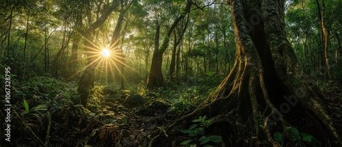 A sunbeam filters through dense forest foliage, highlighting the lush greenery and tree trunks.