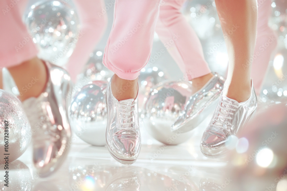 Group of disco dancers wearing pink silver pants and white sneakers, concept fashion