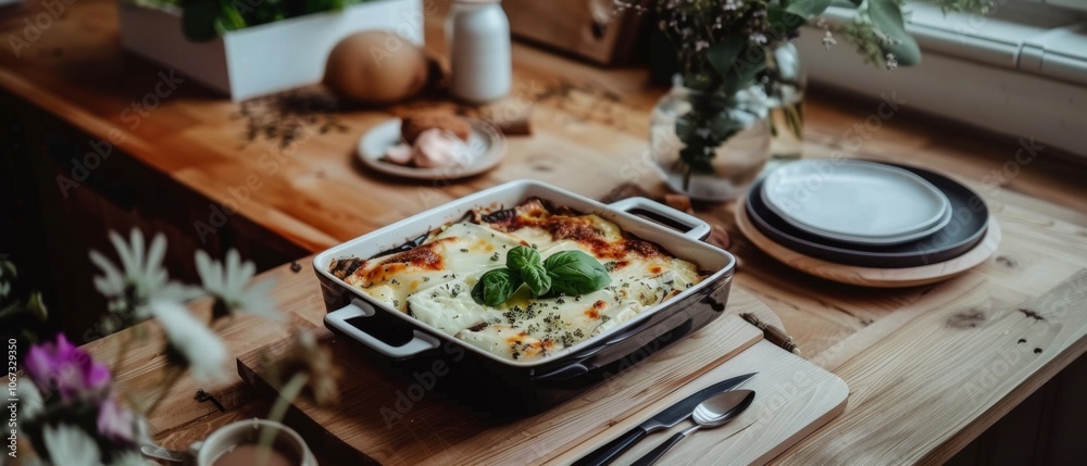 Warm homemade lasagna sits invitingly on a wooden table, surrounded by simple ingredients and natural light. Warm homemade lasagna sits invitingly on a wooden table, surrounded by simple ingredients and natural light.