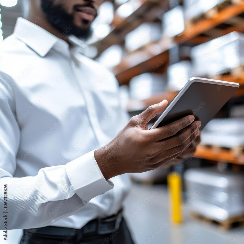 Supervisor tracking inventory with digital tablet, high-tech warehouse Supervisor tracking inventory with digital tablet, high-tech warehouse