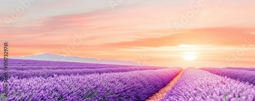Dreamy landscape of a lavender field under a pastel sunset, rows of purple flowers stretching to the horizon