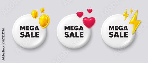 Mega Sale tag. White buttons with 3d icons. Special offer price sign. Advertising Discounts symbol. Mega sale button message. Banner badge with balloons, energy, heart. Social media icons. Vector