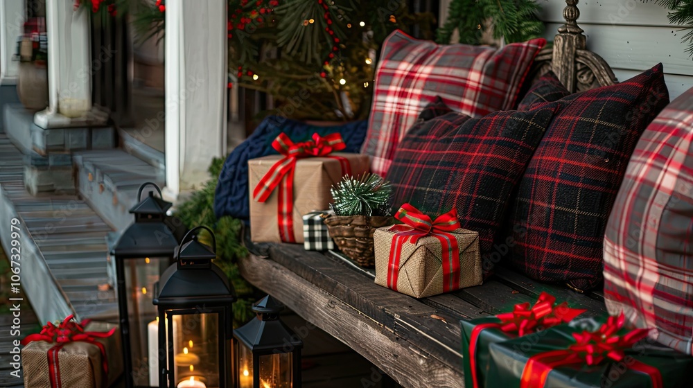 Obraz premium Cozy Christmas porch with vintage lanterns