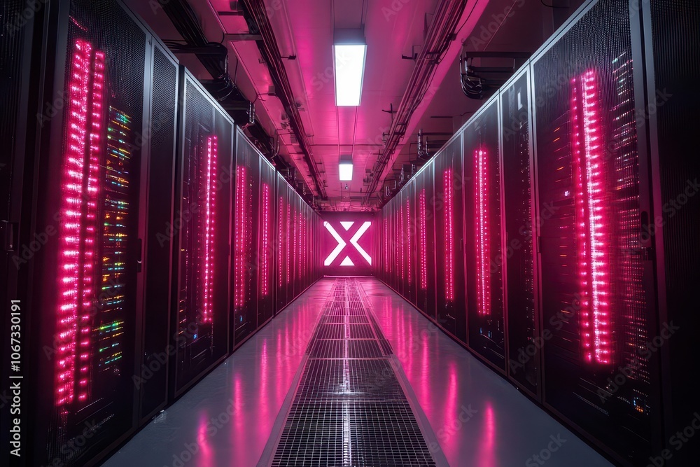 Fototapeta premium server racks forming an x shape visually representing powerful computing capabilities derived from social media data illuminated with dynamic lights to emphasize innovation