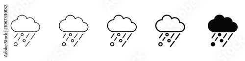 Set 5 rainy icons, 1 unexpanded vector, 1 silhouette, Cloud hail icon set in black and white, featuring filled and solid styles, rainy weather, rainy clouds, cloud with raining, white clouds