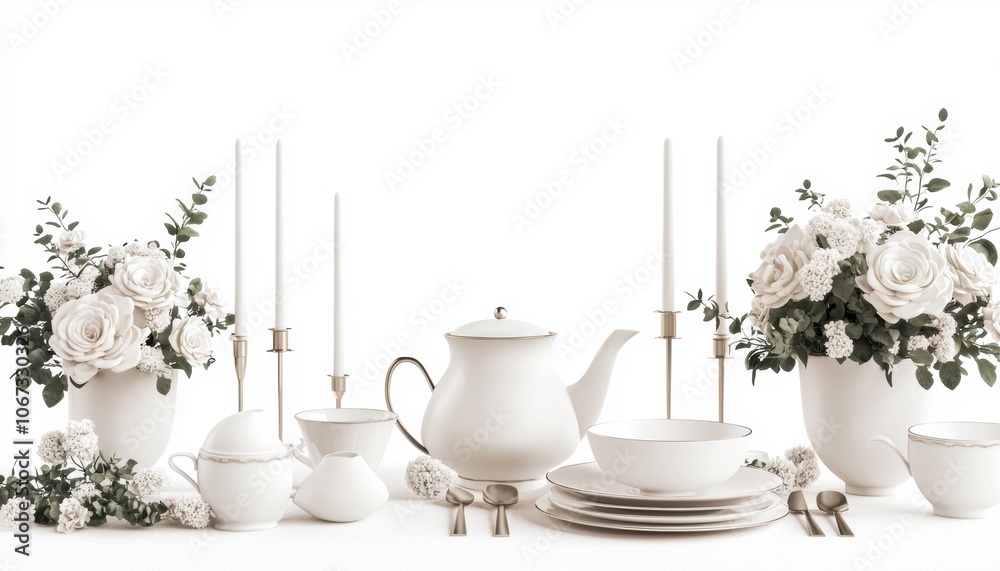 Elegant wedding table setup with flowers, candles, and fine china, romantic and sophisticated celebration, perfect for special occasions, 3D illustration Elegant wedding table setup with flowers, candles, and fine china, romantic and sophisticated celebration, perfect for special occasions, 3D illustration