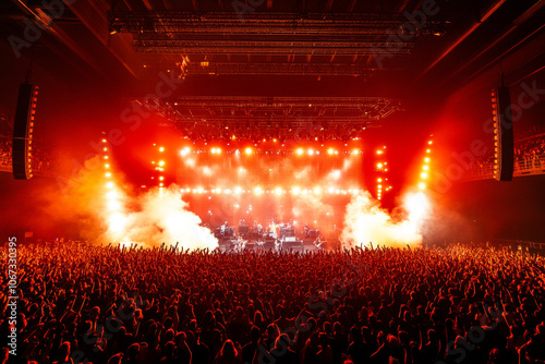 The stage during a concert is lit with bright red light and floodlights. photo