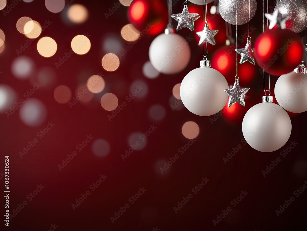 A festive arrangement of red and white Christmas ornaments hanging against a blurred, bokeh background, creating a joyful holiday atmosphere. A festive arrangement of red and white Christmas ornaments hanging against a blurred, bokeh background, creating a joyful holiday atmosphere.
