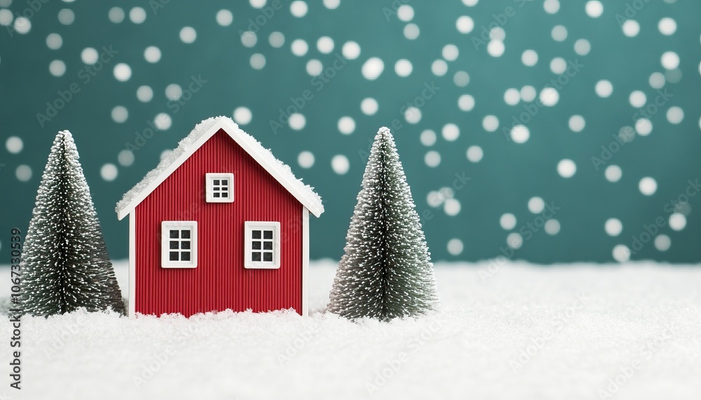 A charming red house surrounded by snowy trees, set against a blue-green background with falling snowflakes, evoking a festive winter scene. A charming red house surrounded by snowy trees, set against a blue-green background with falling snowflakes, evoking a festive winter scene.