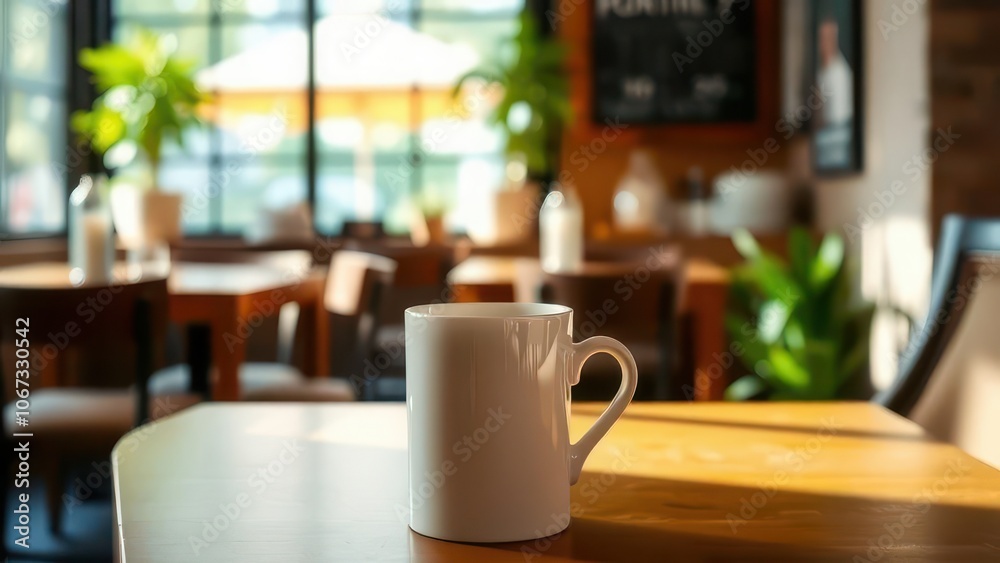 A cozy coffee shop scene featuring a white mug on a wooden table, surrounded by greenery. Perfect for conveying warmth and relaxation A cozy coffee shop scene featuring a white mug on a wooden table, surrounded by greenery. Perfect for conveying warmth and relaxation