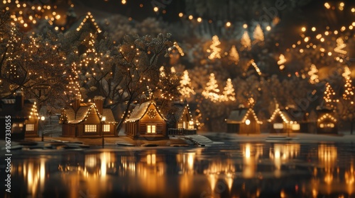 A beautiful Christmas night scene with twinkling lights, tiny houses