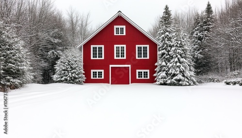 A red house surrounded by snow-covered trees in a winter landscape, creating a serene and picturesque rural setting.