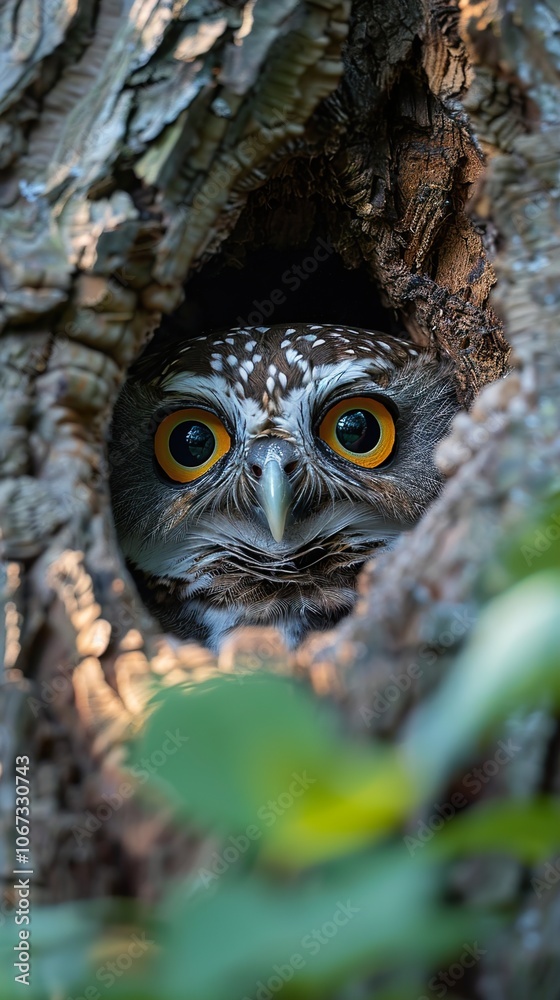 Close-up Portrait of a Spotted Owl Peeking Out of a Tree Cavity Close-up Portrait of a Spotted Owl Peeking Out of a Tree Cavity