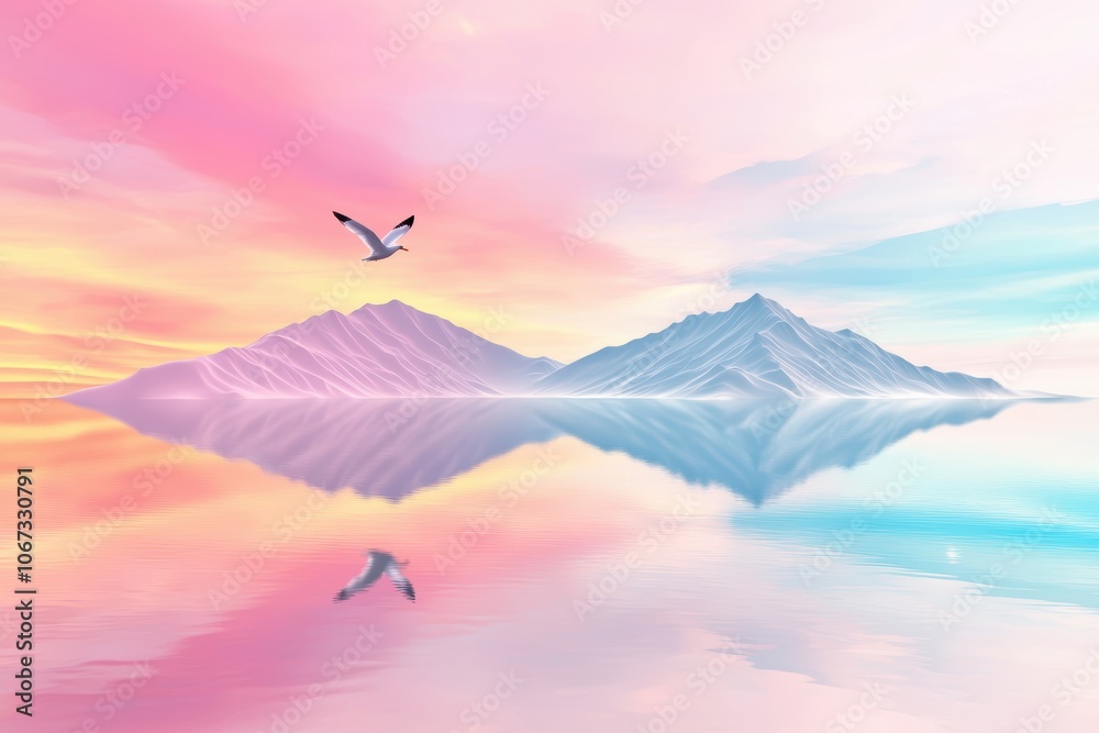 Fototapeta premium Flight of a seagull over a calm sea, dramatic sunset colors in the sky, symbolizing freedom and tranquility