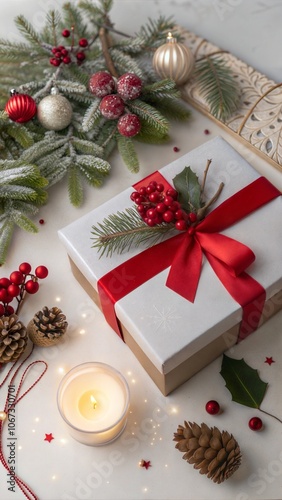 Share your warm wishes with this image idea. Top view of magnificent giftbox with red ribbon, sparkling ornaments, frosty fir, cone, holly berries, candle on light backdrop, ready for personalized ad photo