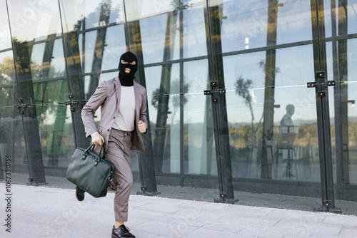 A man in a black mask runs with a briefcase past a glass building, depicting urgency and secrecy in a corporate urban setting, heightening tension. photo