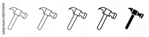 Set 5 hammer icons 1 unexpanded vector 1 silhouette, Hammer icon, black minimalist silhouette isolated on a white background, simple design for website and mobile app vector element