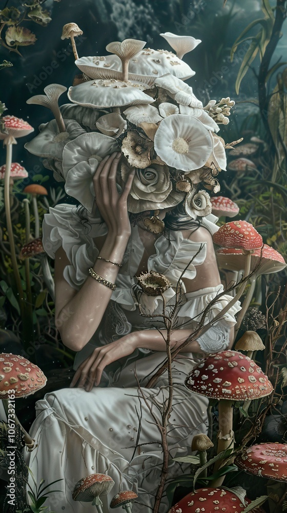 Fototapeta premium Enchanted Forest: Woman Adorned with Mushrooms